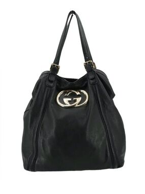 Gucci Black Leather Tote with Gold Double G Emblem